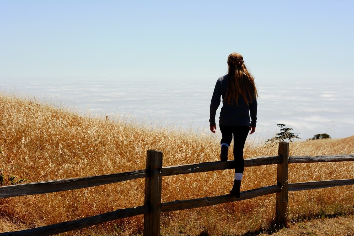 a woman is standing on a wooden fence overlooking a field .