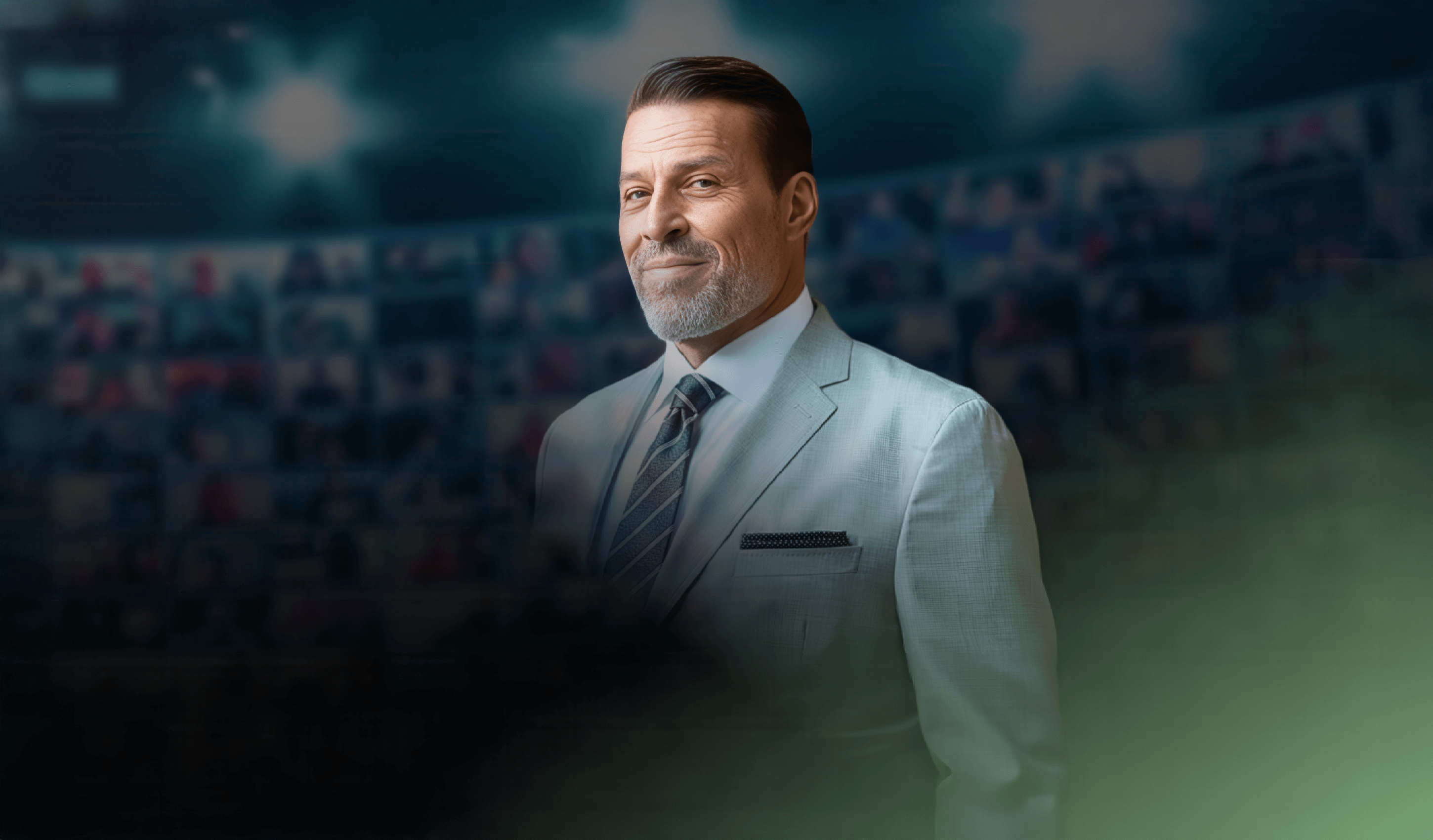 a man in a suit and tie stands in front of a crowd