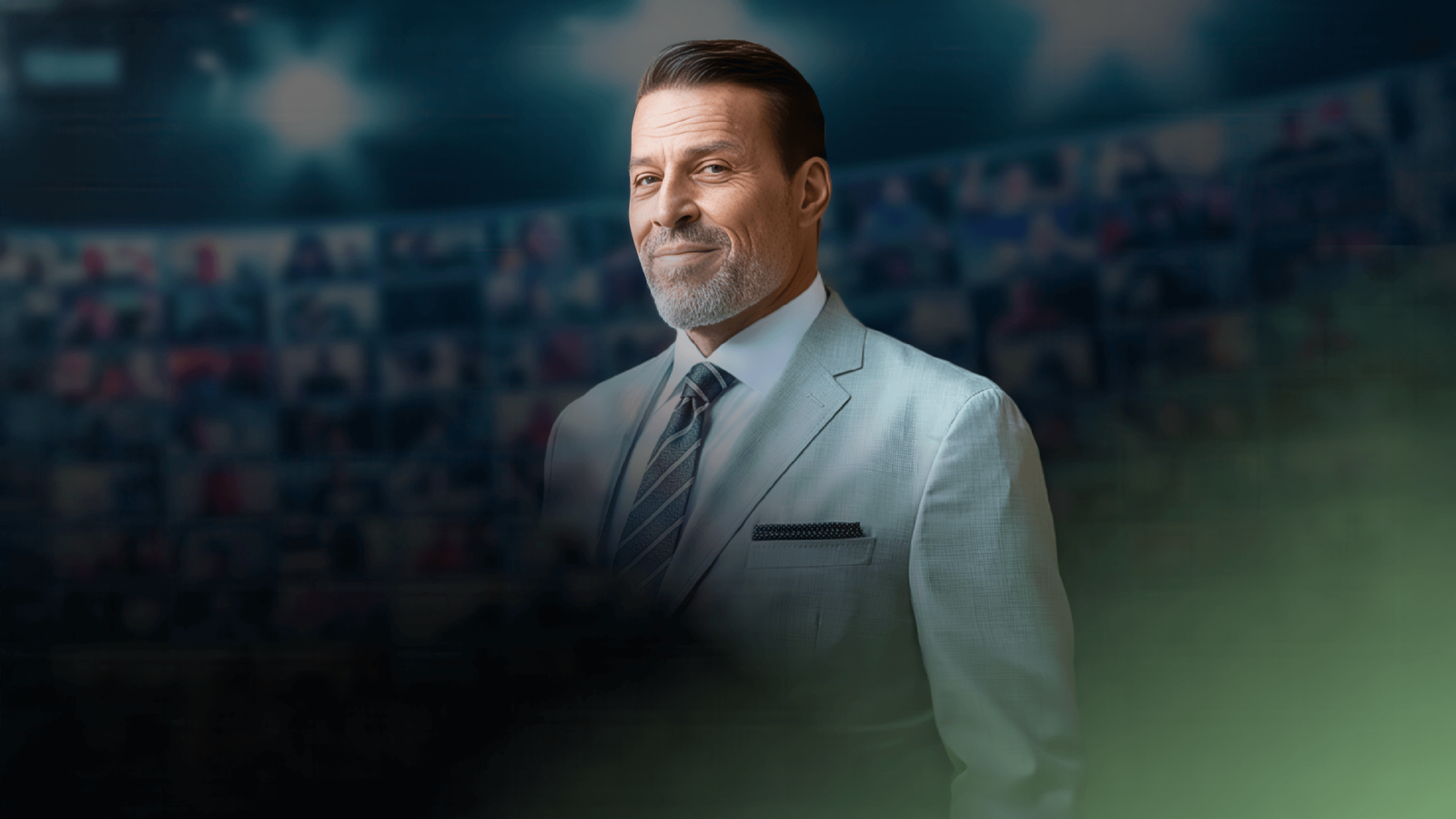 a man in a suit and tie stands in front of a crowd