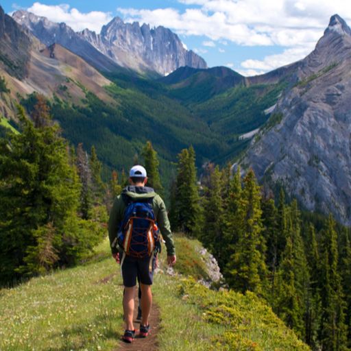 a man with a backpack is walking on a trail in the mountains .