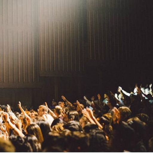 a crowd of people are raising their hands in the air at a concert .