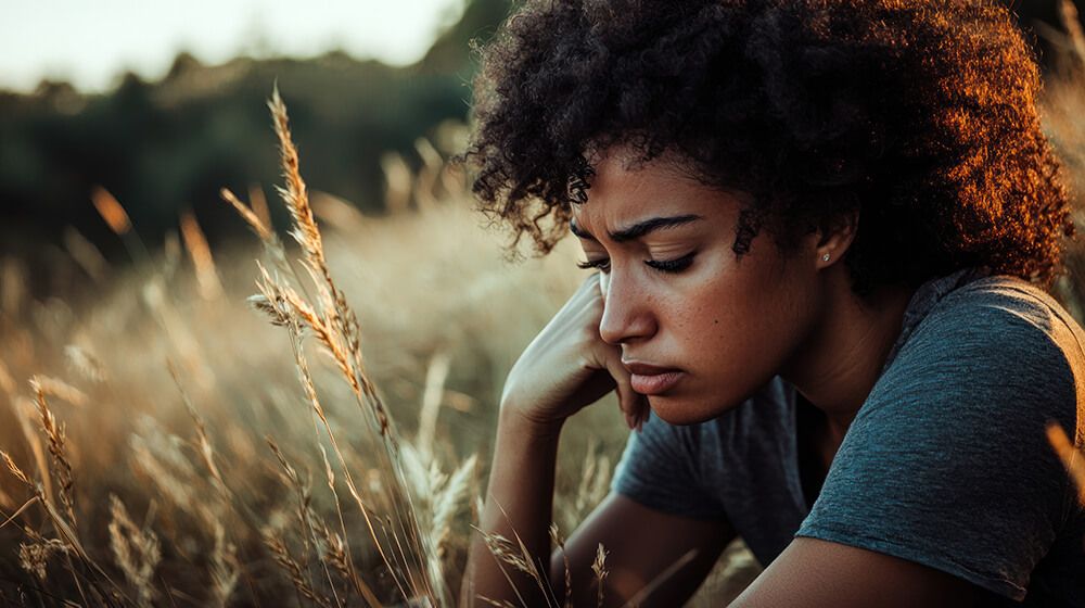 A dark-skinned woman with curly hair looks distraught while sitting in a field of tall golden grass at sunset.