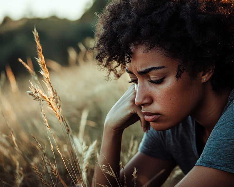 A dark-skinned woman with curly hair looks distraught while sitting in a field of tall golden grass at sunset.