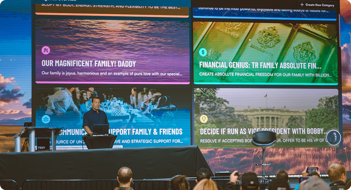 a man stands in front of a screen that says our magnificent family daddy