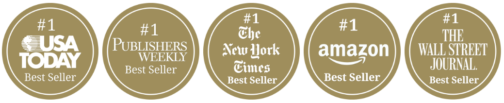 four gold circles with the words usa today publishers weekly amazon and the wall street journal