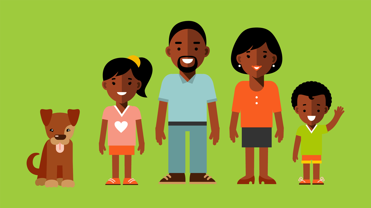 a family standing next to each other with a dog