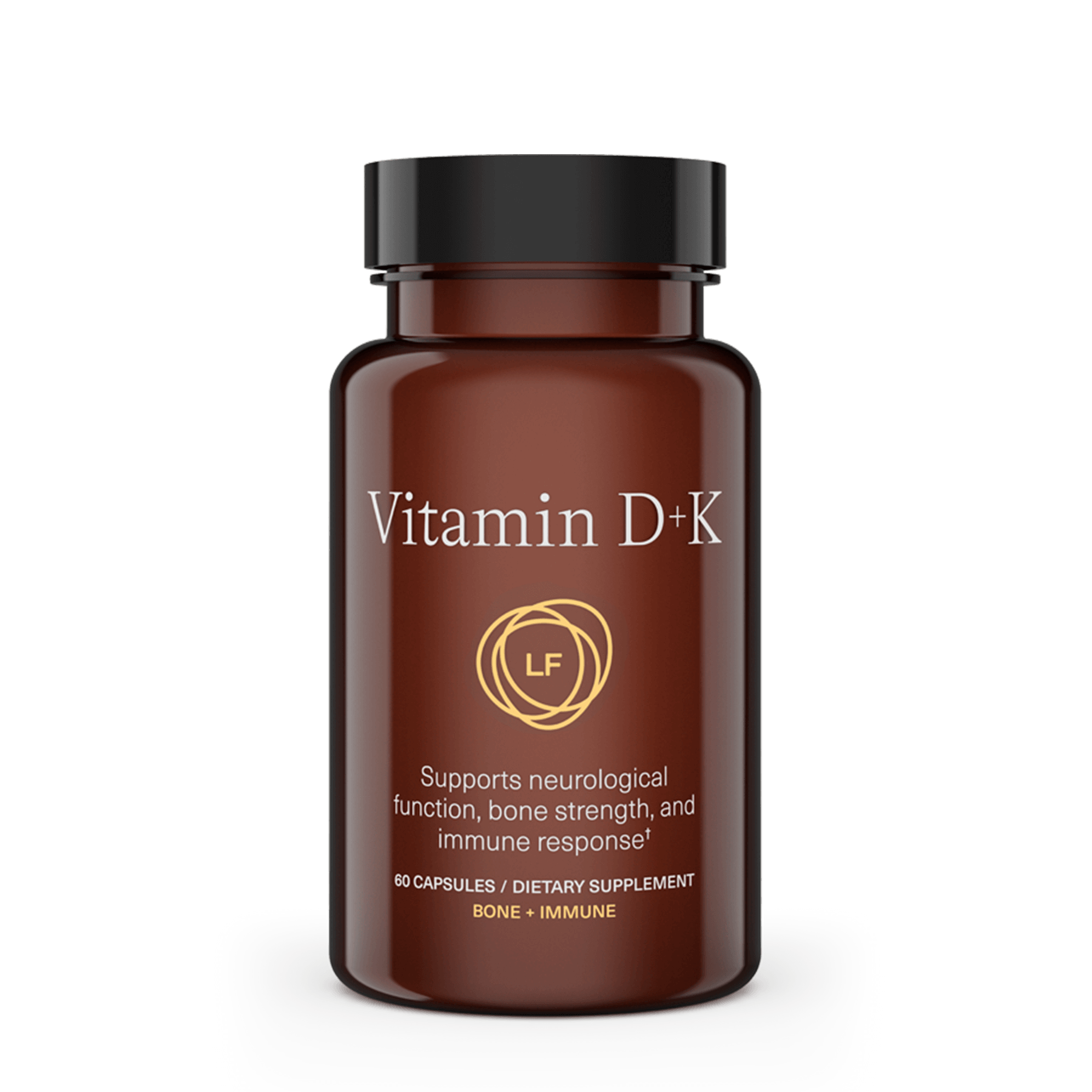 A brown vitamin bottle labeled "Vitamin D+K" and "Supports neurological function, bone strength, and immune response."