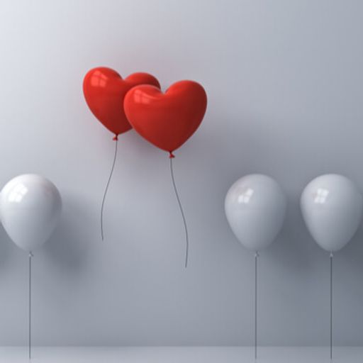 three red heart shaped balloons are flying in a row of white balloons .