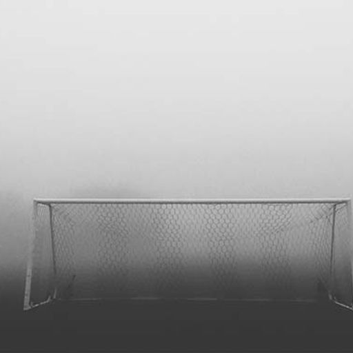 a black and white photo of a soccer goal in the fog .