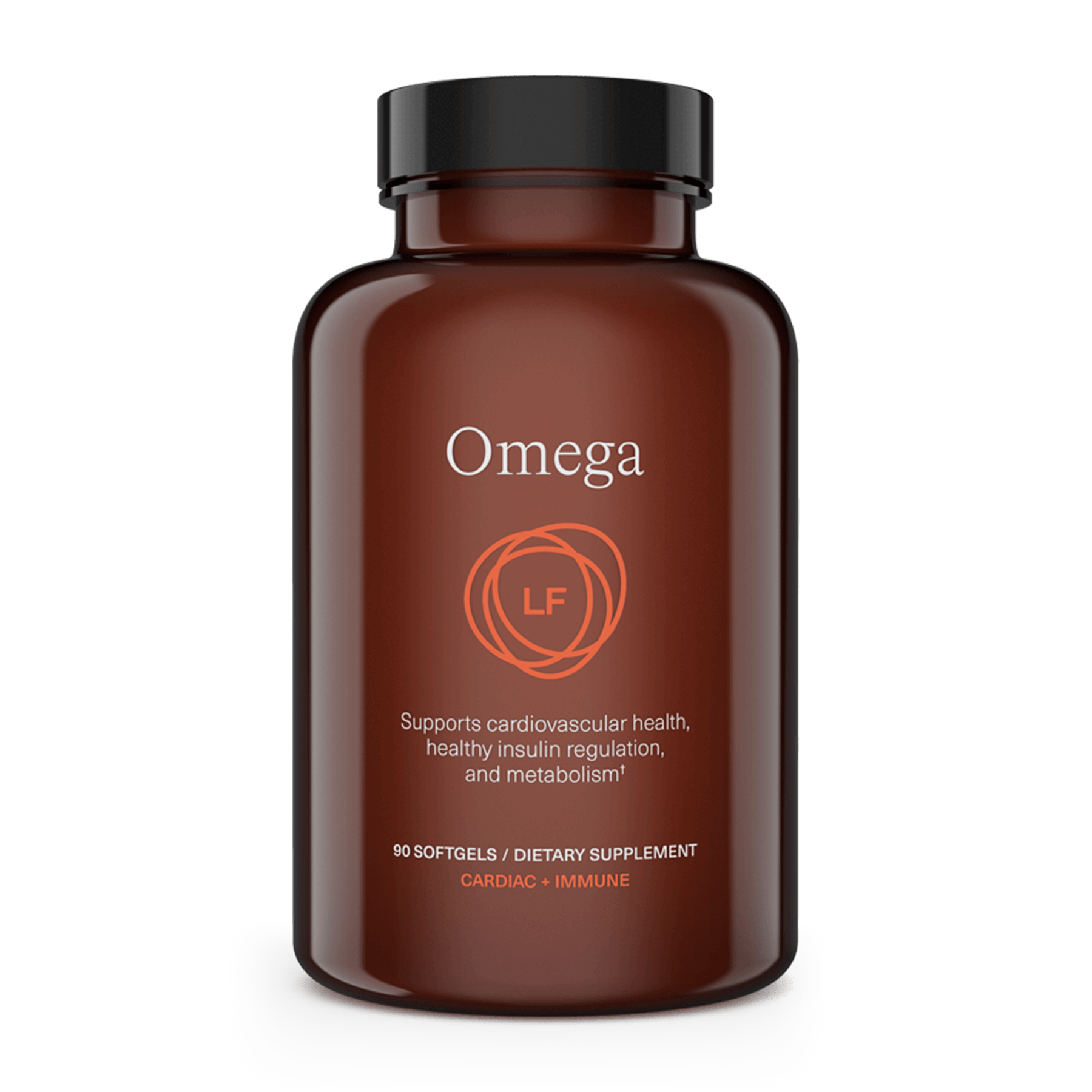 A brown bottle of Omega LF dietary supplement (90 softgels) for cardiovascular, insulin regulation, and metabolism support.