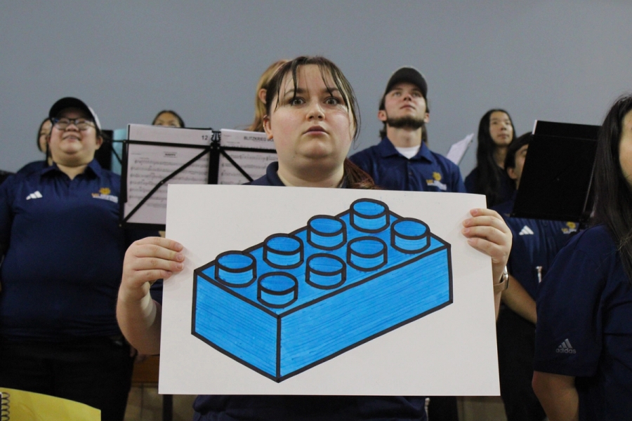 Girl holding a LEGO brick sign.
