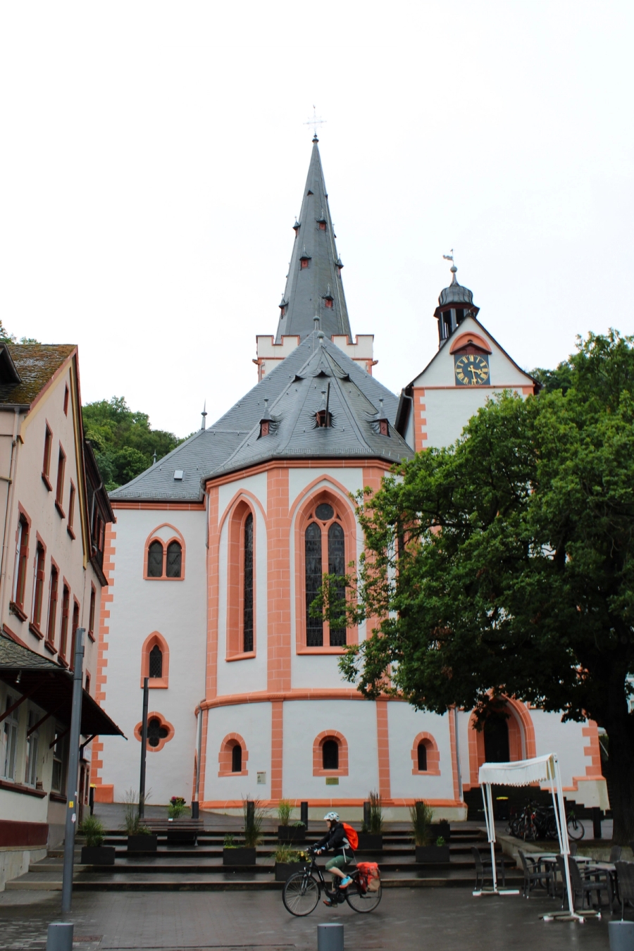 Pink and white cathedral-like building.