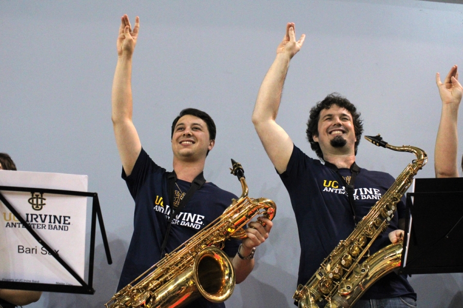 Front POV of tenor saxes "zotting".