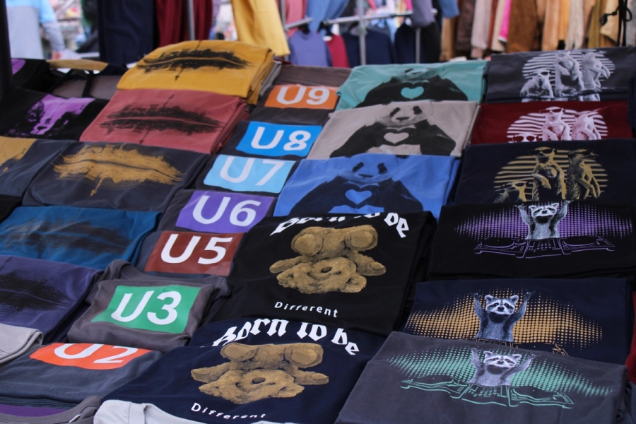 Folded shirts at Mauerpark stall.