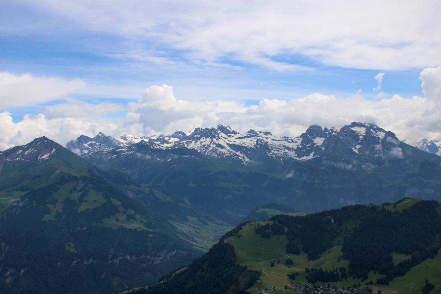 Snow on top of mountains.