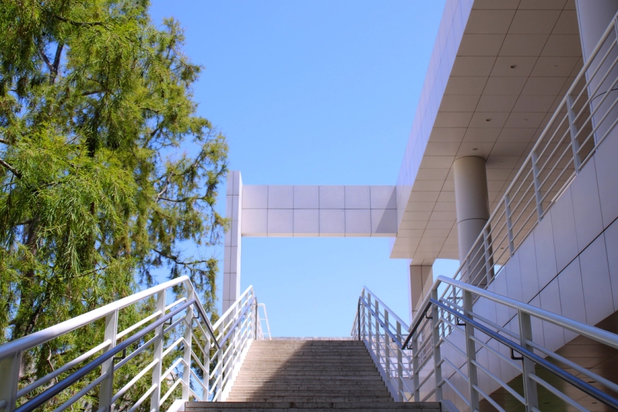 Stairs up to an exhibit.