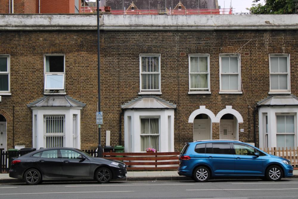 Street view of parked cars.