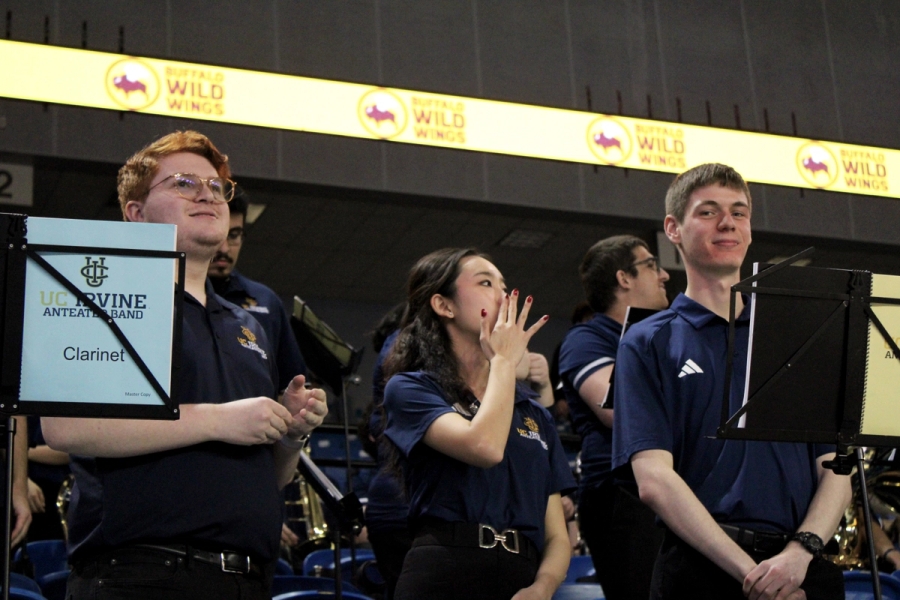 Front POV of clarinets talking.