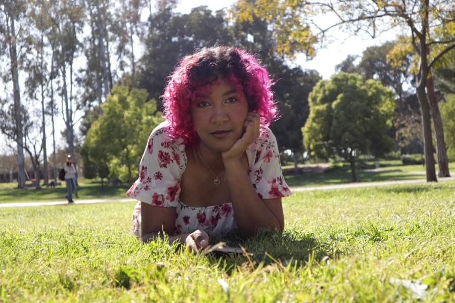 Girl in dress posing on grass.