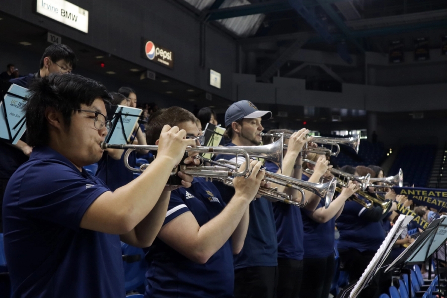 Trumpets playing.