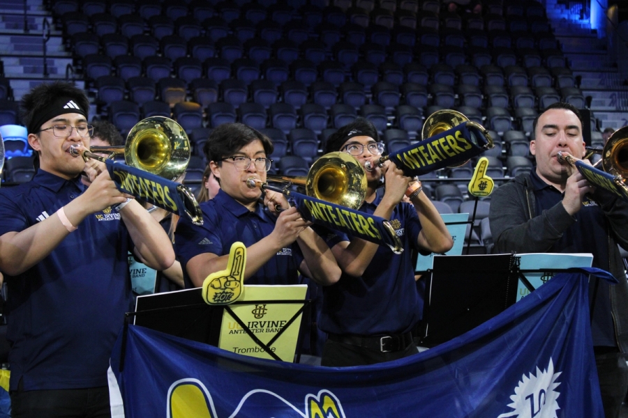 Front POV of trombones playing.