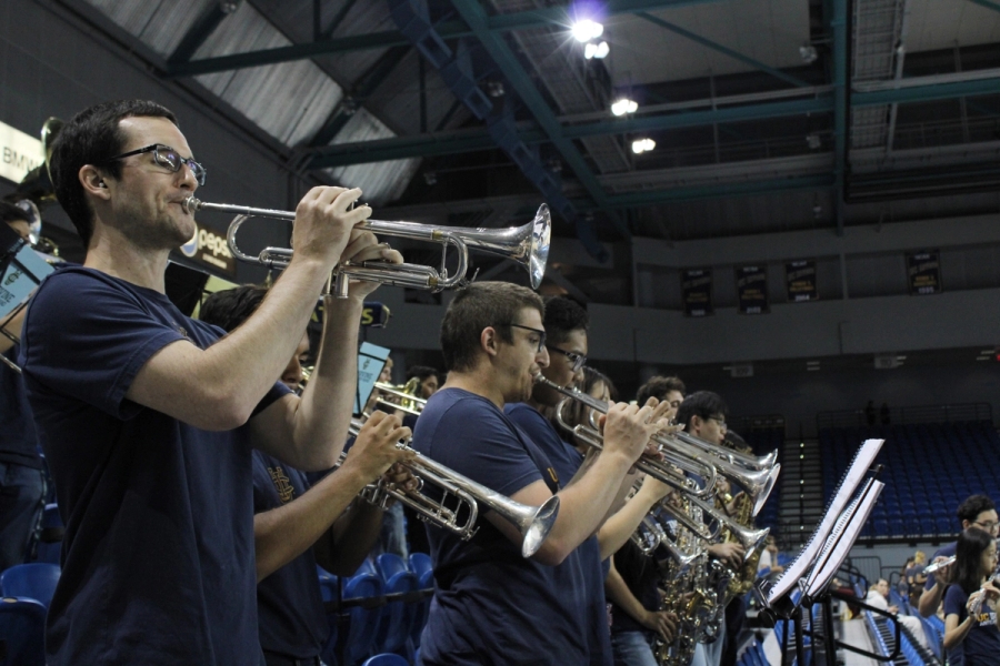 Low POV of trumpets playing.
