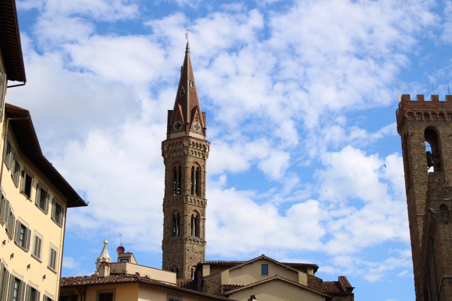 Cathedral tower in the distance.