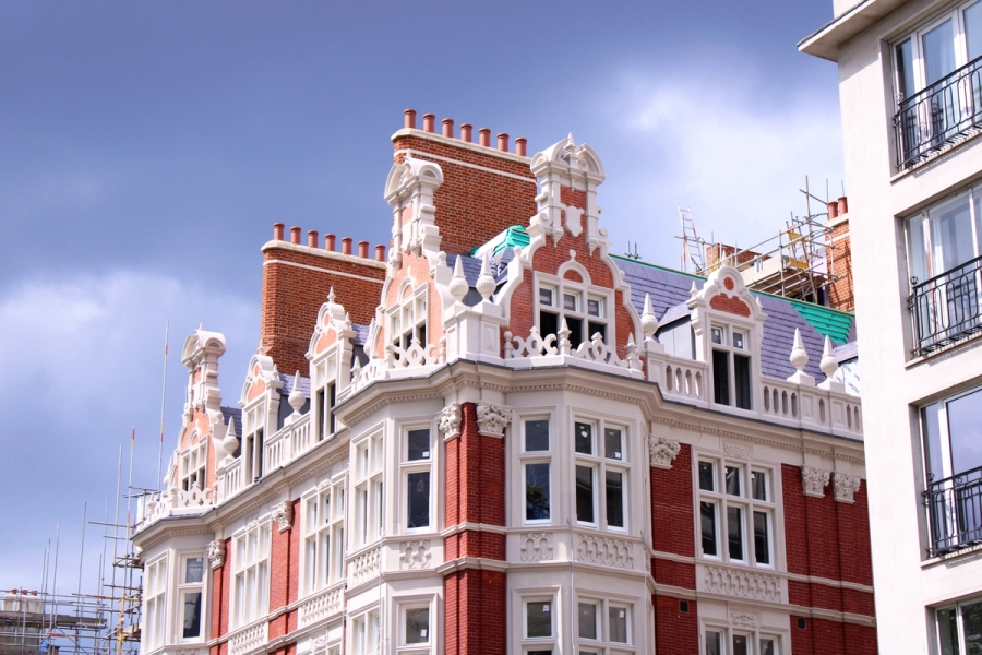 Red and white building.