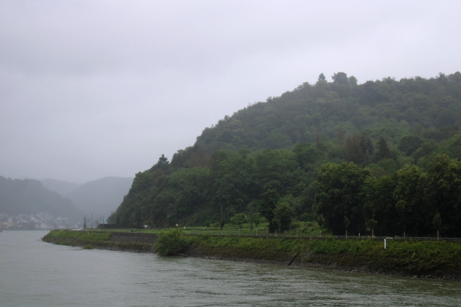 Foggy image of river shore.