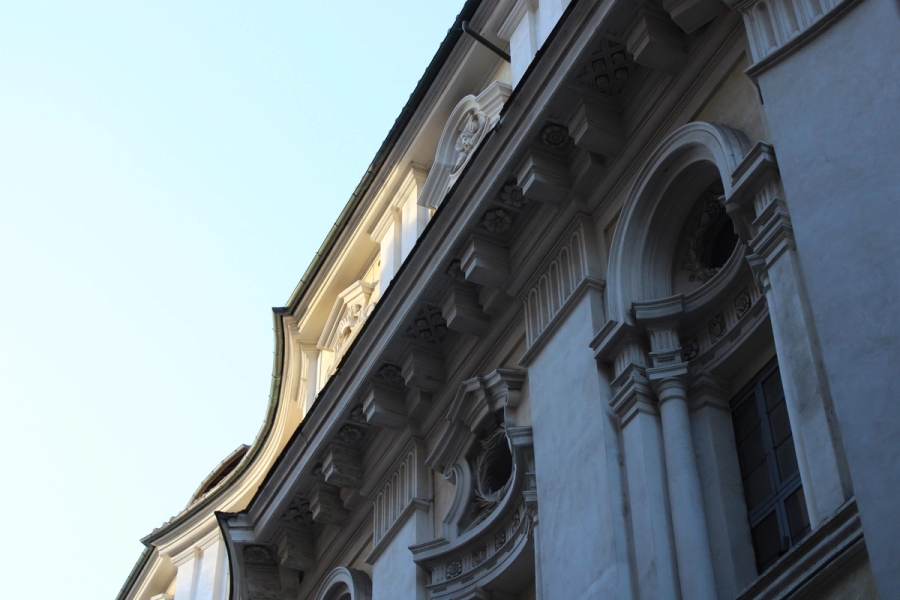 Low angle of white stone building.