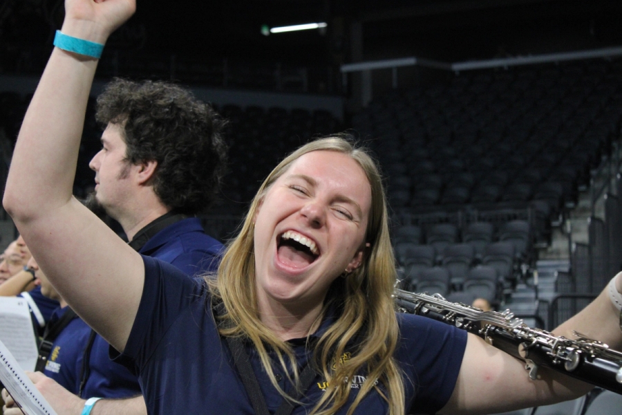 Girl cheering.
