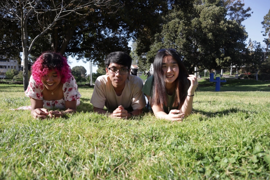 Two girls and a boy randomly laying on grass.