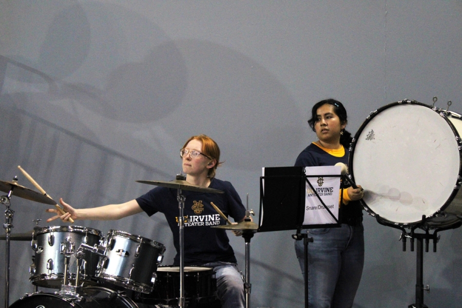 Two girls playing percussion.