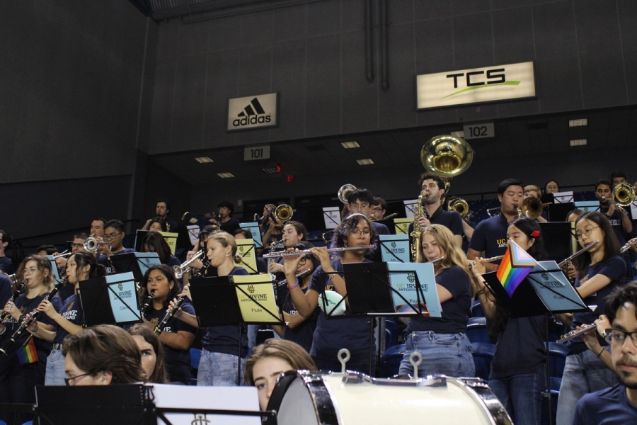 Front POV of band playing in the stands.