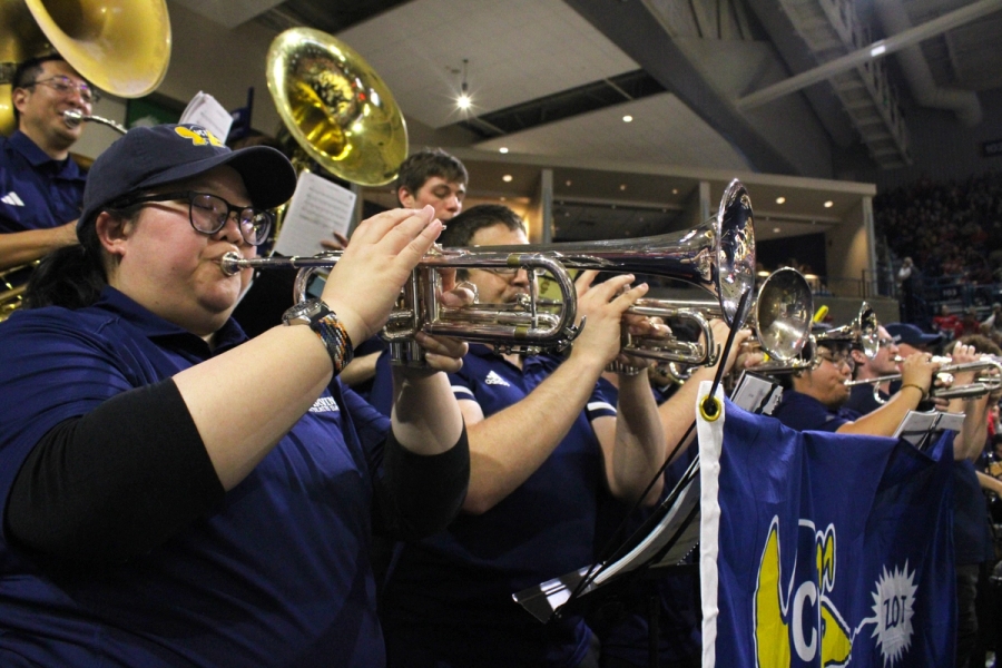 Side POV of trumpets.