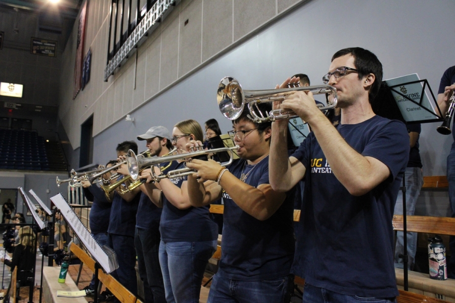 Low POV of trumpets.