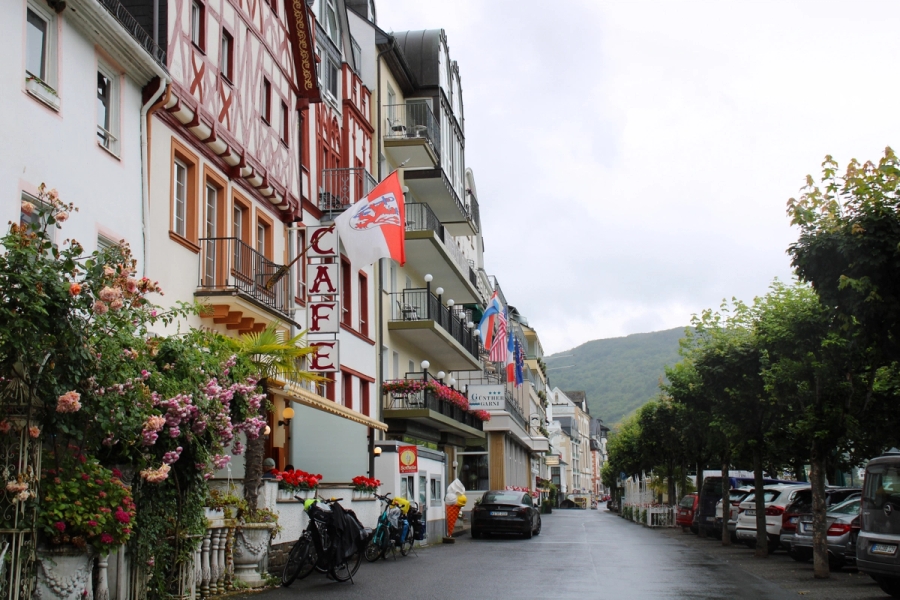 Street view with restaurants and trees.