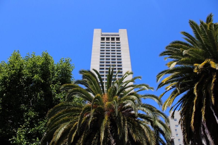 Tall builing with trees at the bottom.