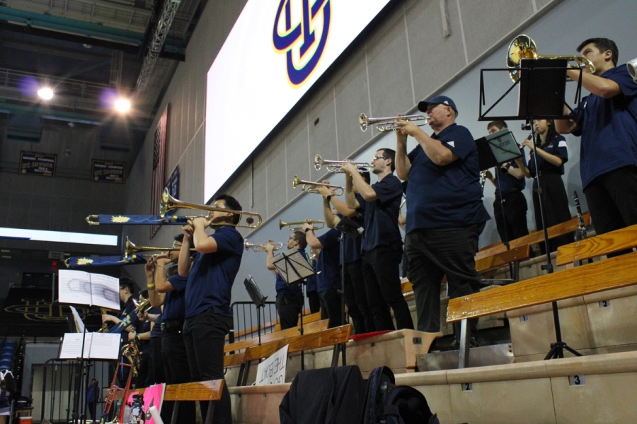 Very low POV of band playing.