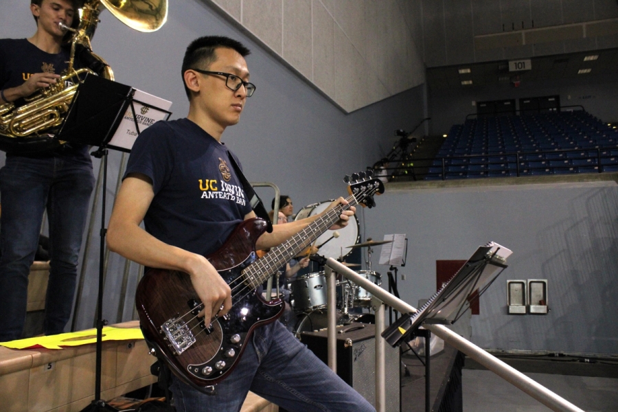 Side POV of man playing bass.