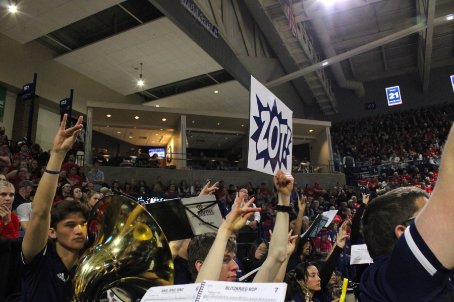 Side POV of zots up and Zots sign.