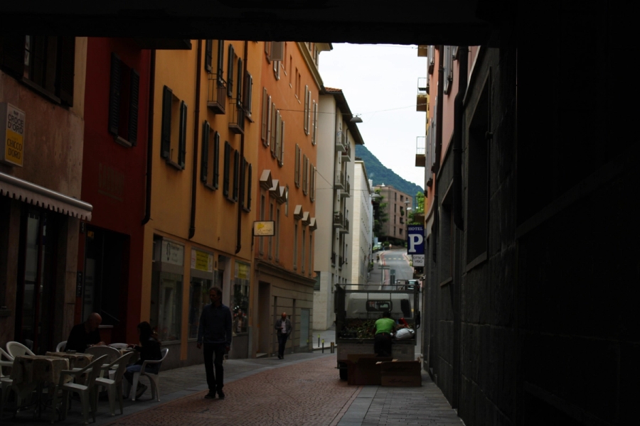 Tunnel view of street.