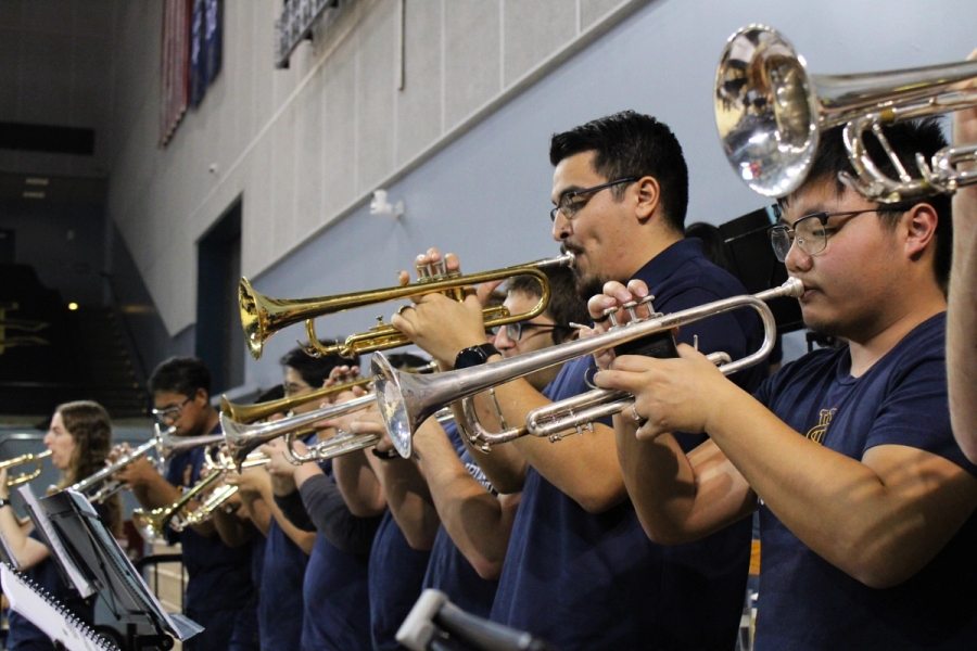 Low POV of trumpets.