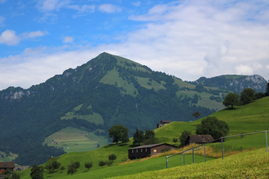Farm at the bottom of mountain.