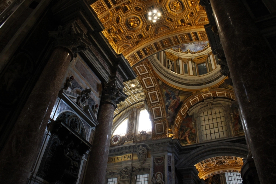 Low angle of pillars and ceiling.