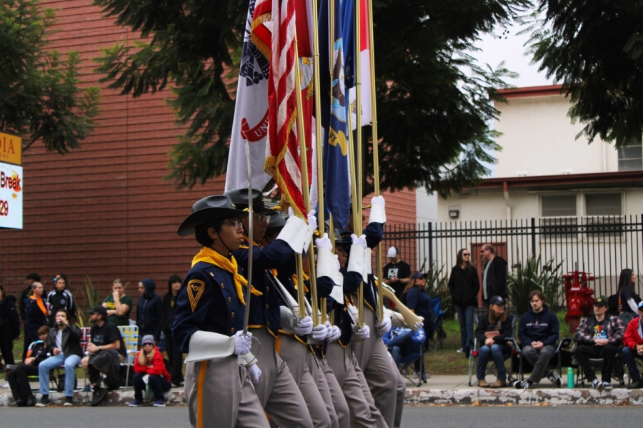 Navy blue and yellow uniform.