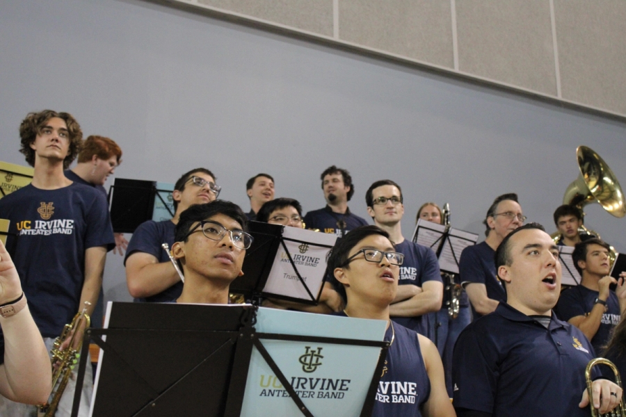 Front low POV of band in stands.