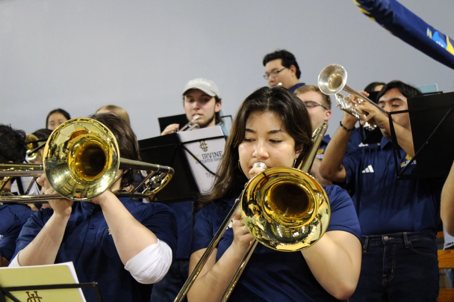 Front POV of trombones and trumpets playing.
