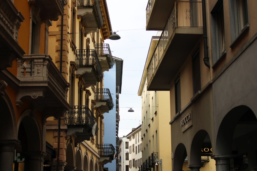 Low angle POV of residential buildings.