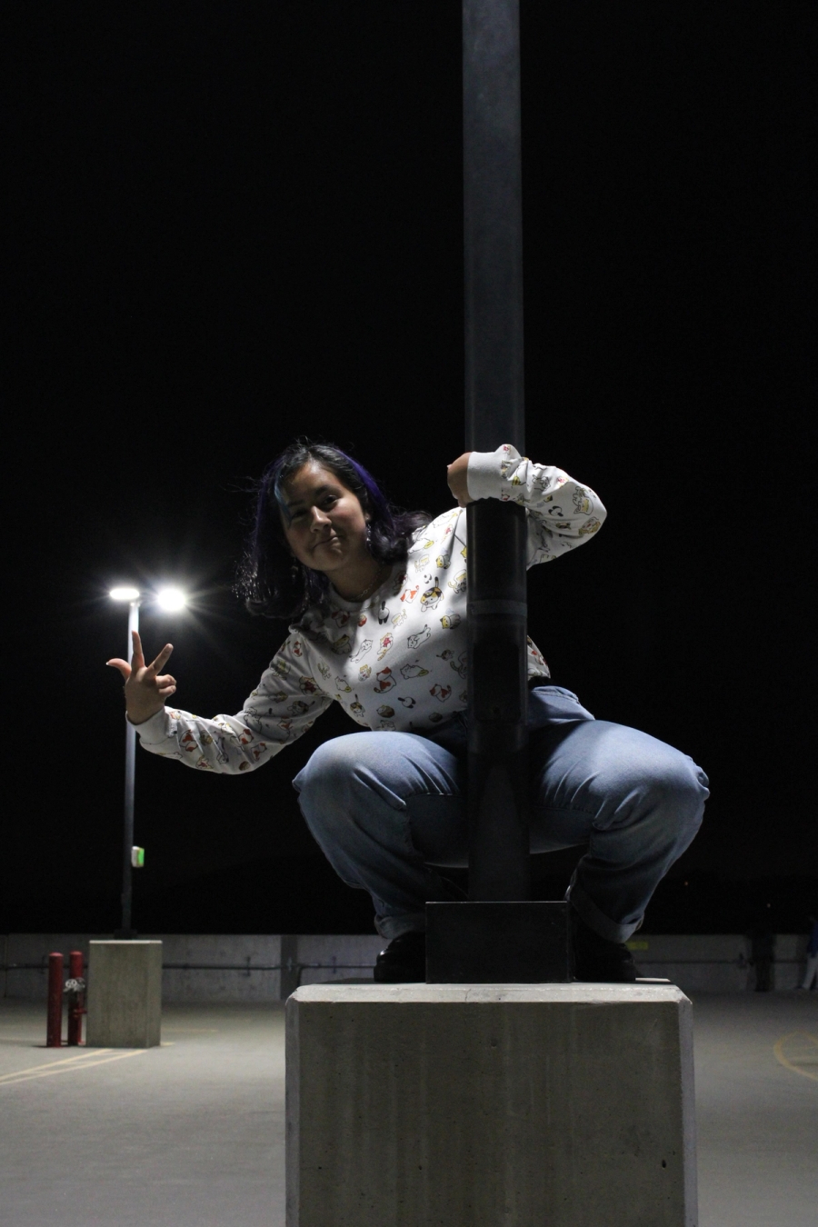 Girl squatting and posing on lamppost.
